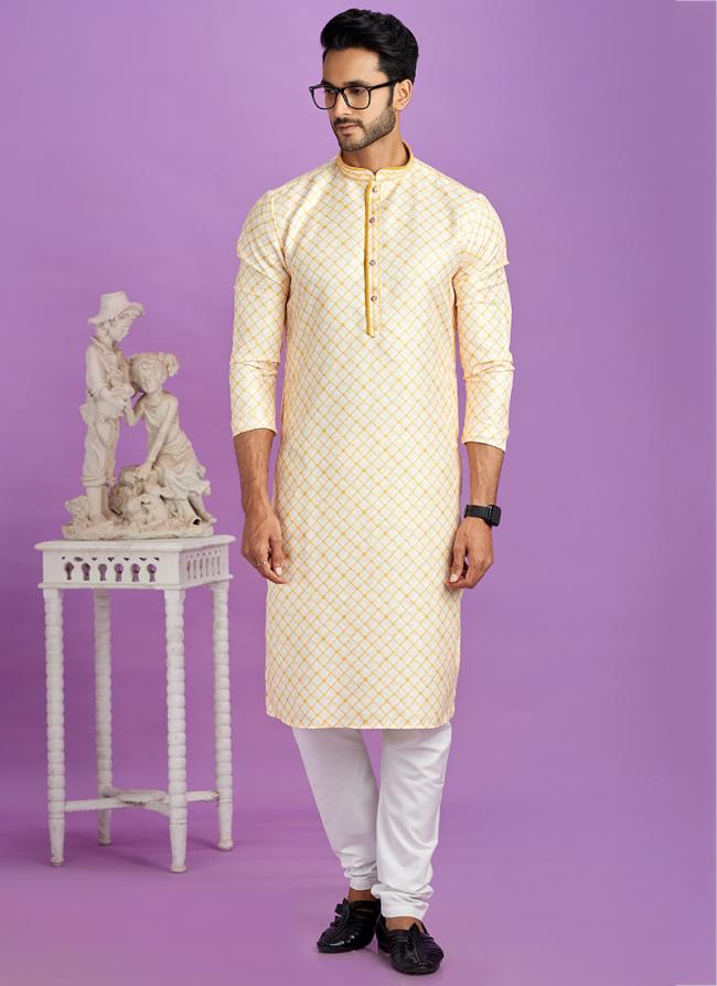 Semi Cotton Yellow Traditional Wear Digital Printed Kurta Pajama